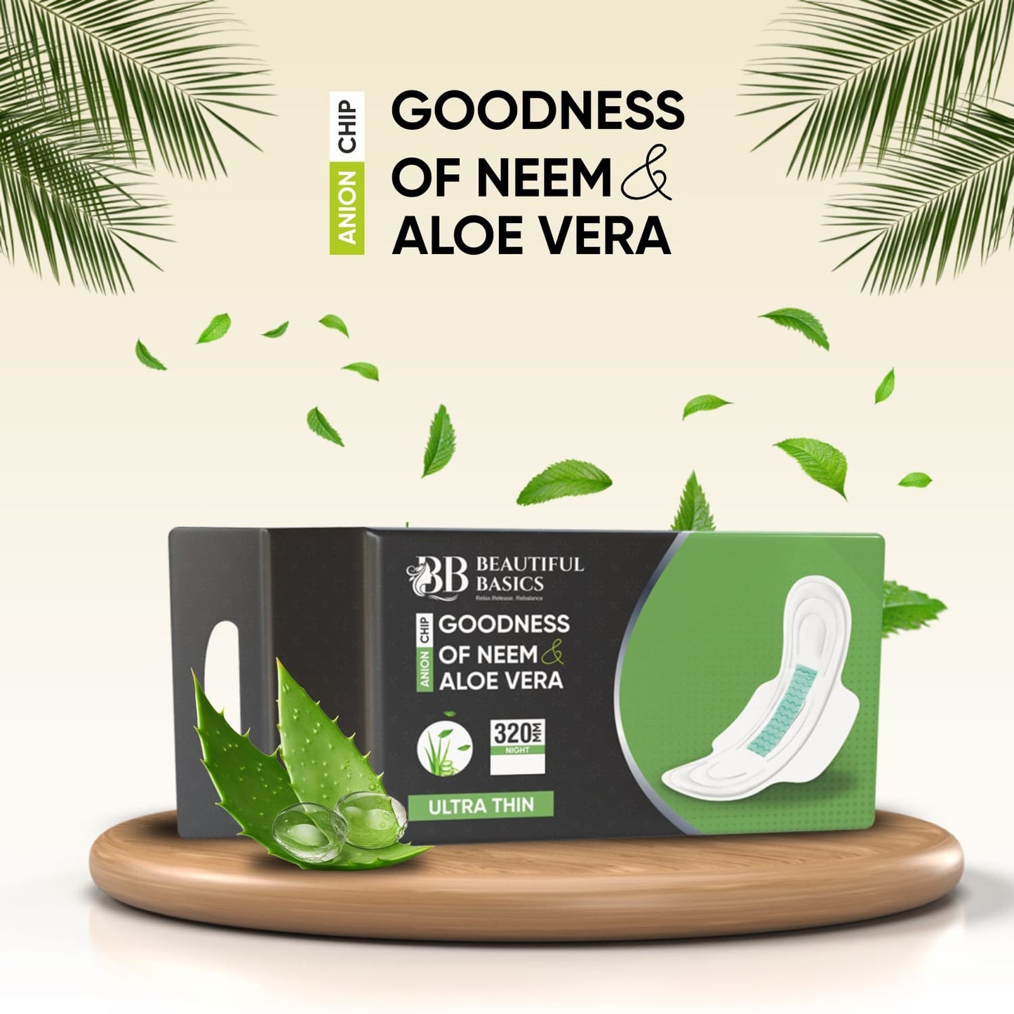 0982 Sanitary Pads For Women With Goodness Of Neem Aloe Vera Ultra Thin Leakage Protection Ph Balance With Antibacterial Anion Chip 5x More Absorbance (320 Mm 32 Pads)