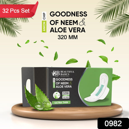 0982 Sanitary Pads For Women With Goodness Of Neem Aloe Vera Ultra Thin Leakage Protection Ph Balance With Antibacterial Anion Chip 5x More Absorbance (320 Mm 32 Pads)