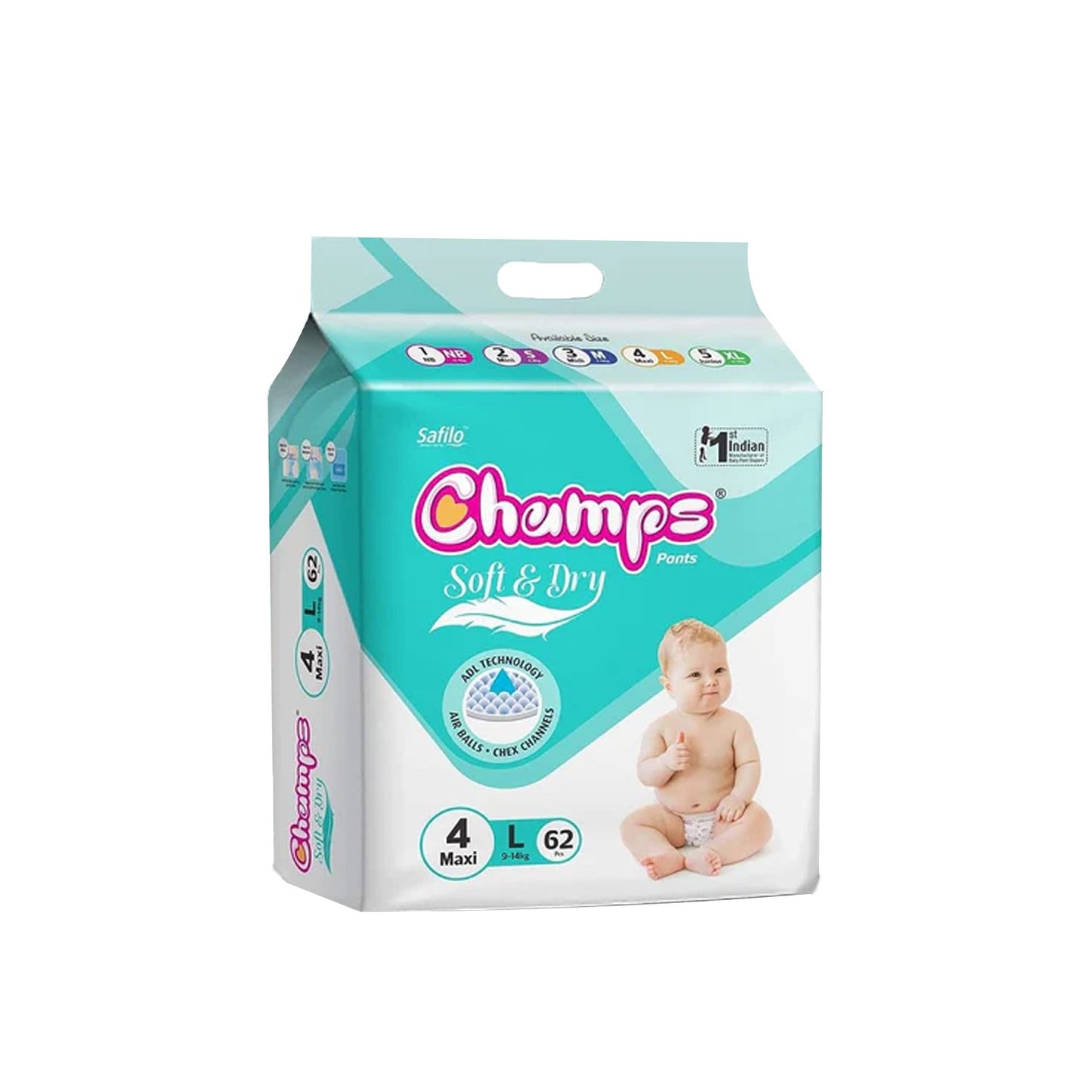 0958 Champs Soft And Dry Baby Diaper Pants 62 Pcs (Large Size)