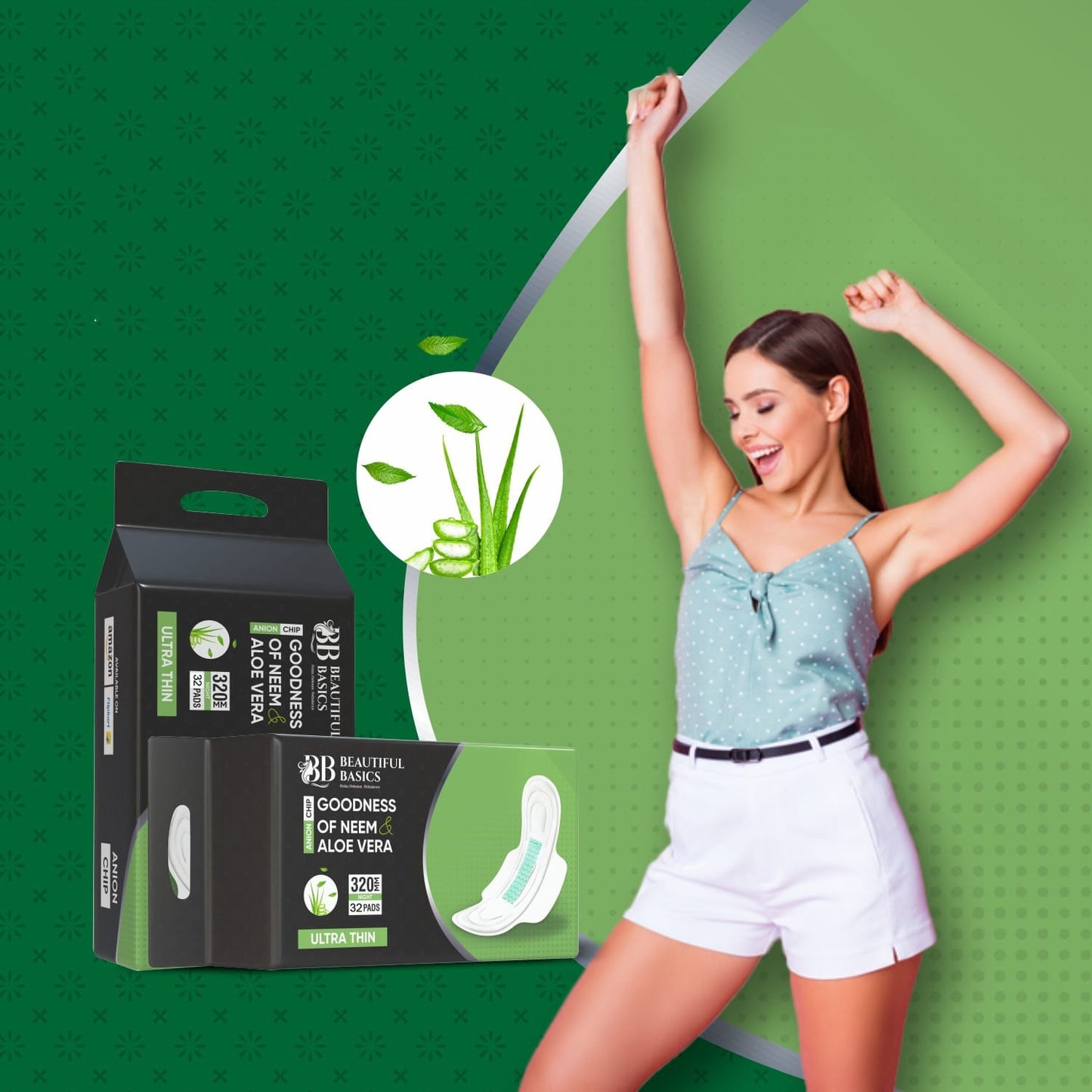 0982 Sanitary Pads For Women With Goodness Of Neem Aloe Vera Ultra Thin Leakage Protection Ph Balance With Antibacterial Anion Chip 5x More Absorbance (320 Mm 32 Pads)